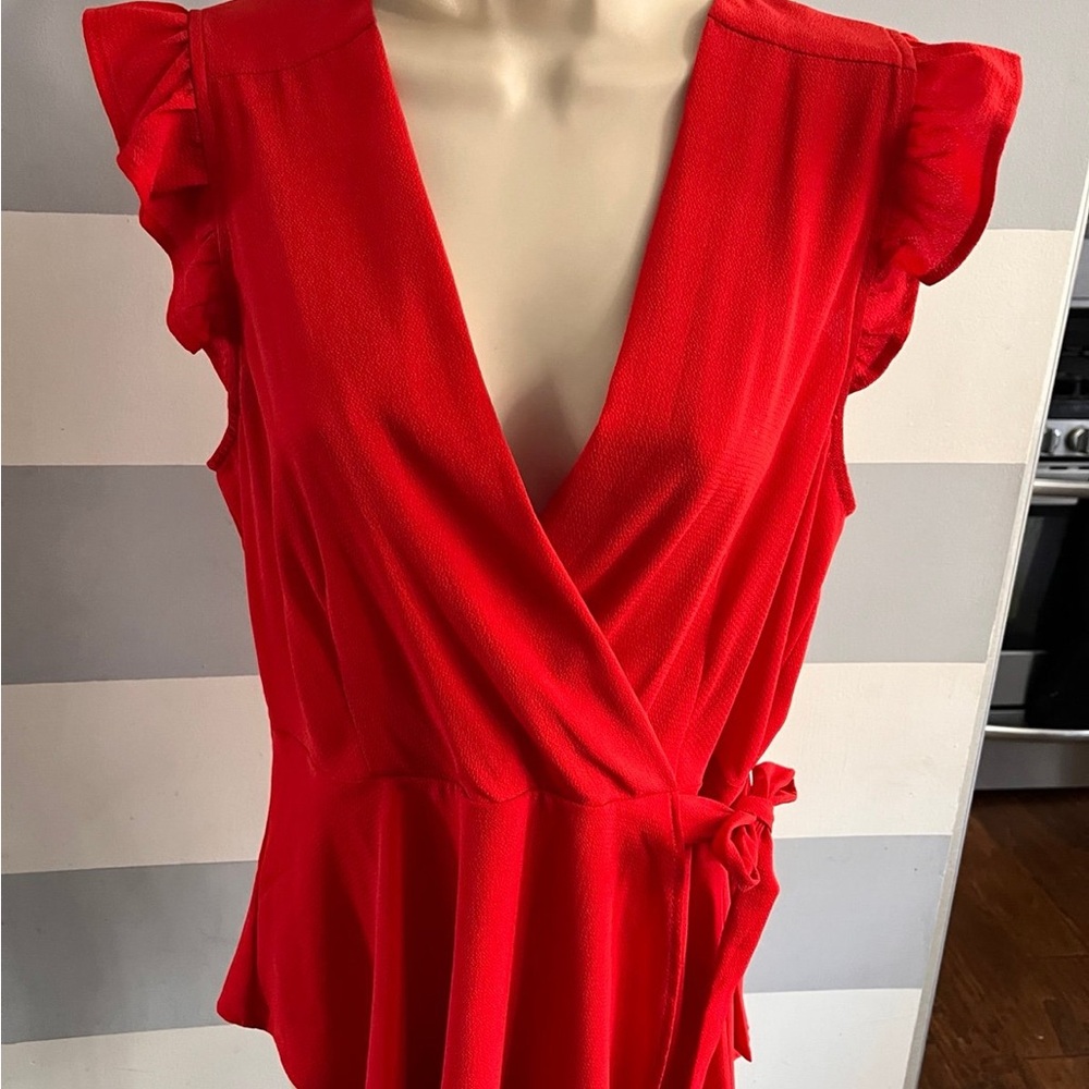 Red Ruffle Sleeve Wrap top - Picture 2 of 5
